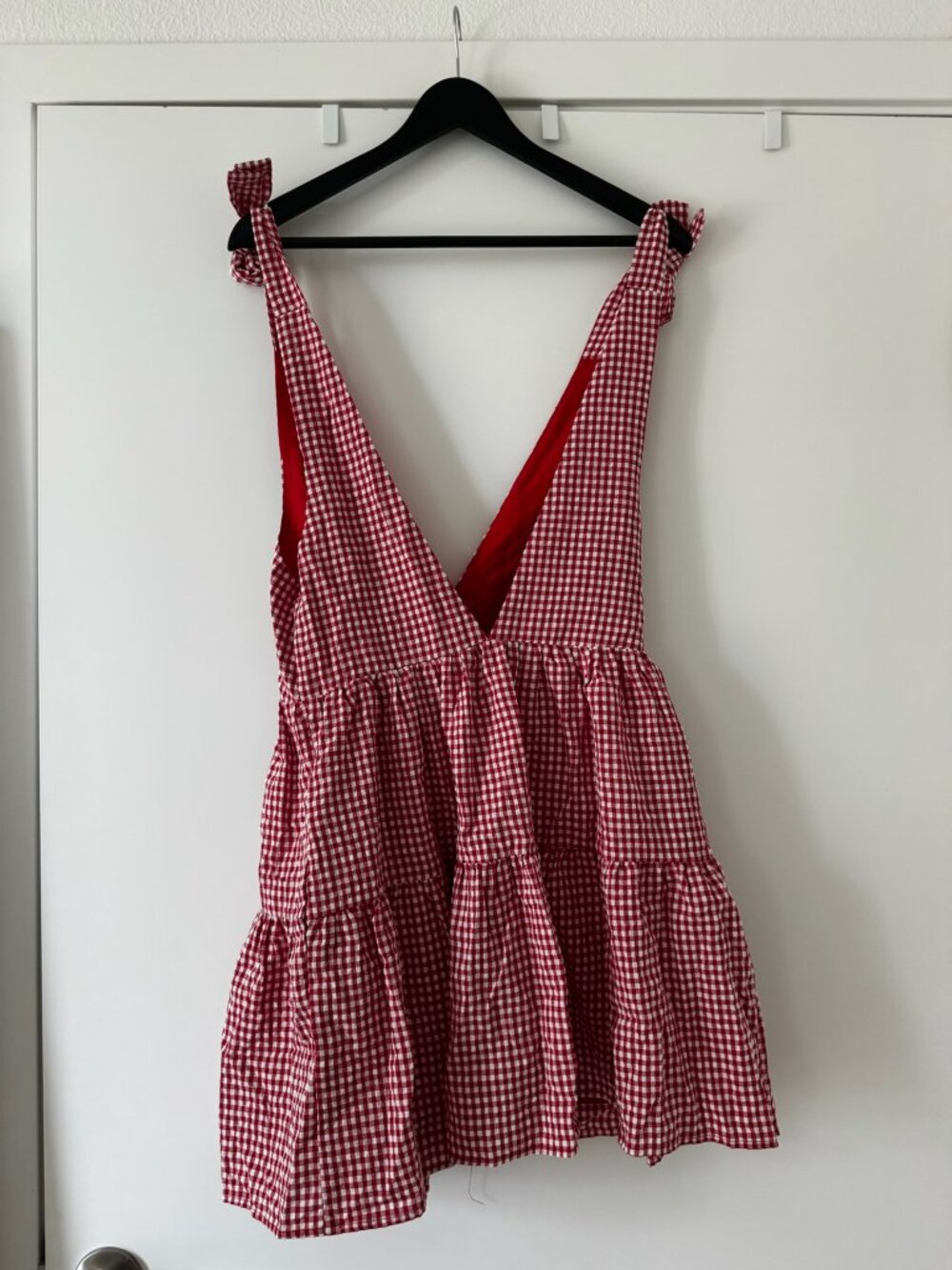 Beginning Boutique Red Gingham Tiered Tie Strap Mini Dress (NWT) - Size 0 - Picture 7 of 7